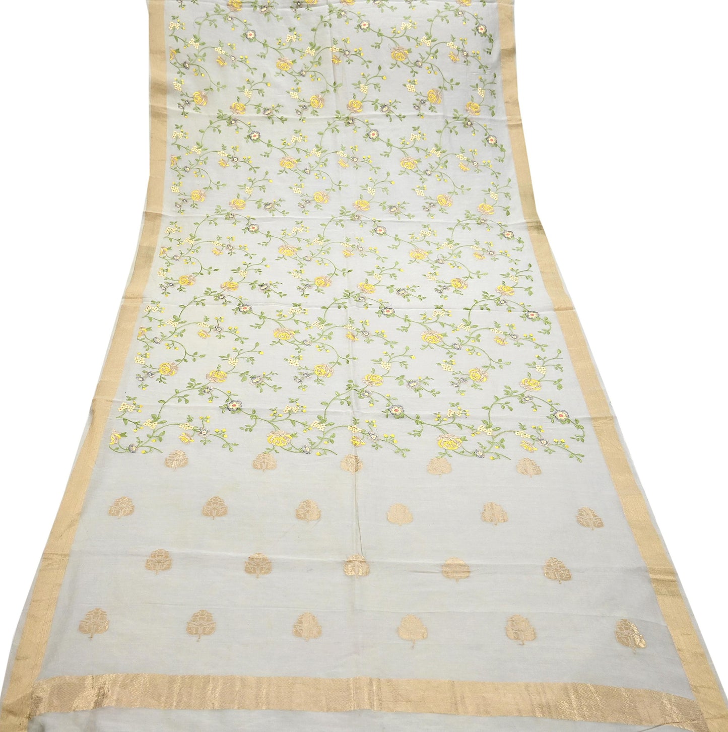 Indian Vintage Dupatta Gray Pure Chanderi Silk Long Stole Embroidered parsi Work Scarves Veil Zari Wrap