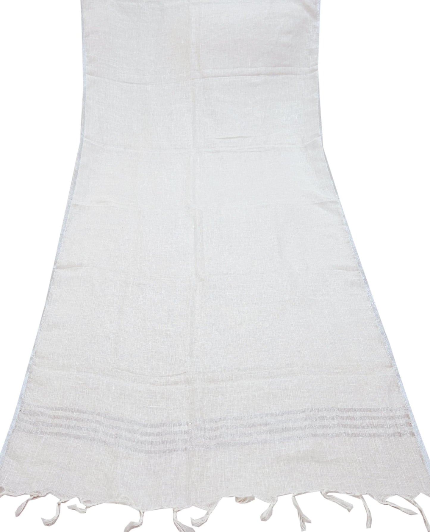 Indian Vintage White Dupatta Long Stole Woven Pure Cotton Scarves Veil silver Zari Soft Fringes