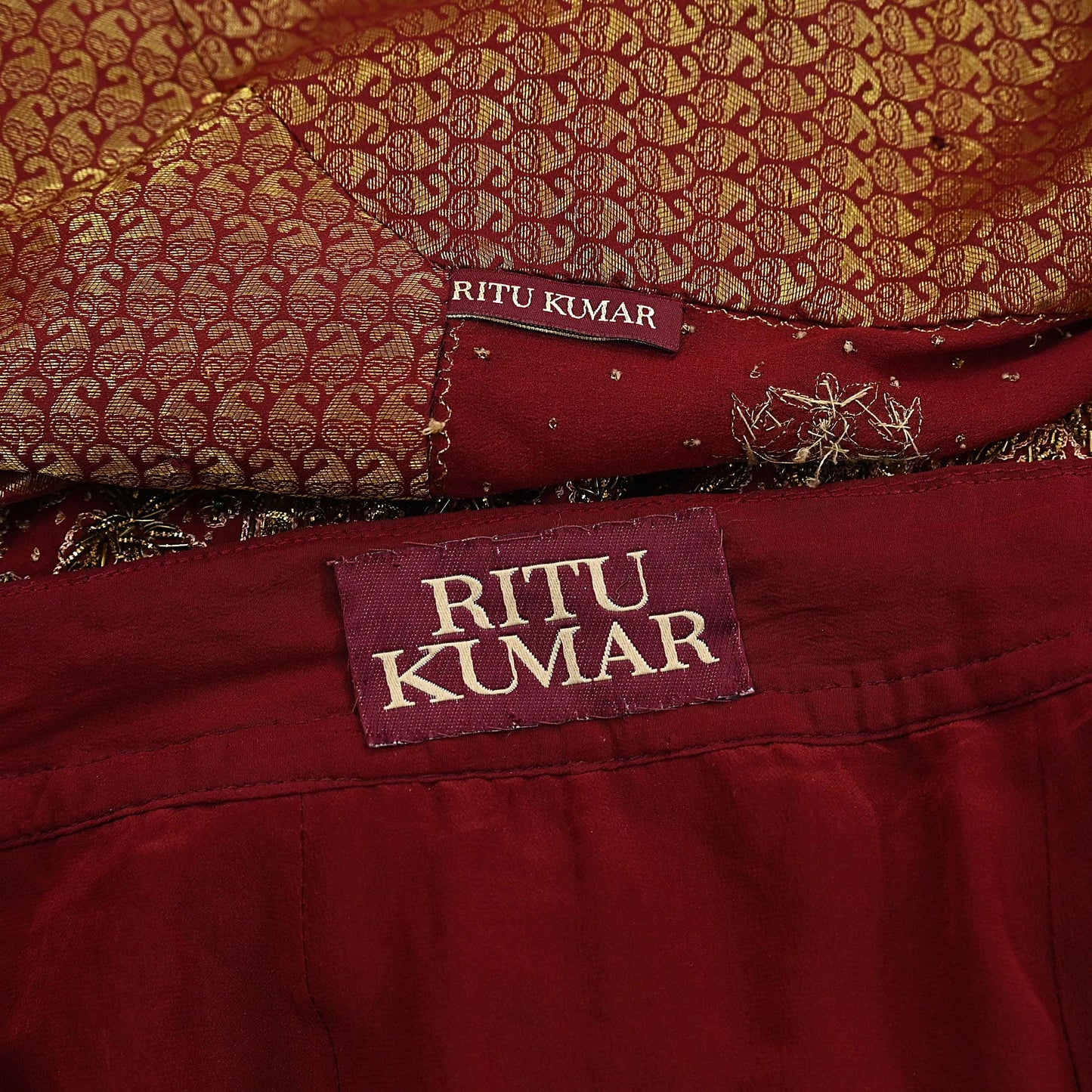 Indian Maroon Pure Silk Ritu Kumar Lehenga 3pcs Set Hand Embroidered Bridal Outfit Designer Bollywood Party Wear Ethnic Dress