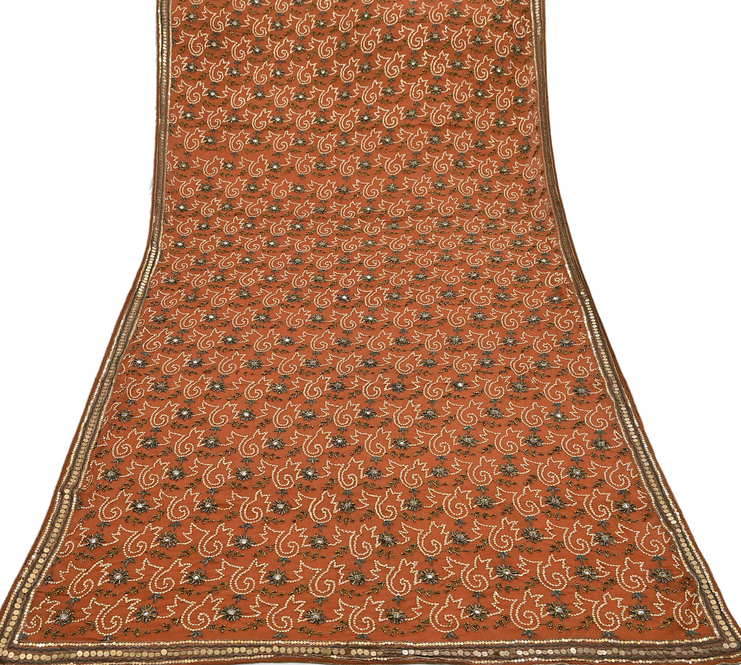 Indian Vintage Brown Dupatta Pure Chiffon silk Long Stole Hand Embroidered Scarves Floral Design Stole Veil Wrap Zari Zardozi