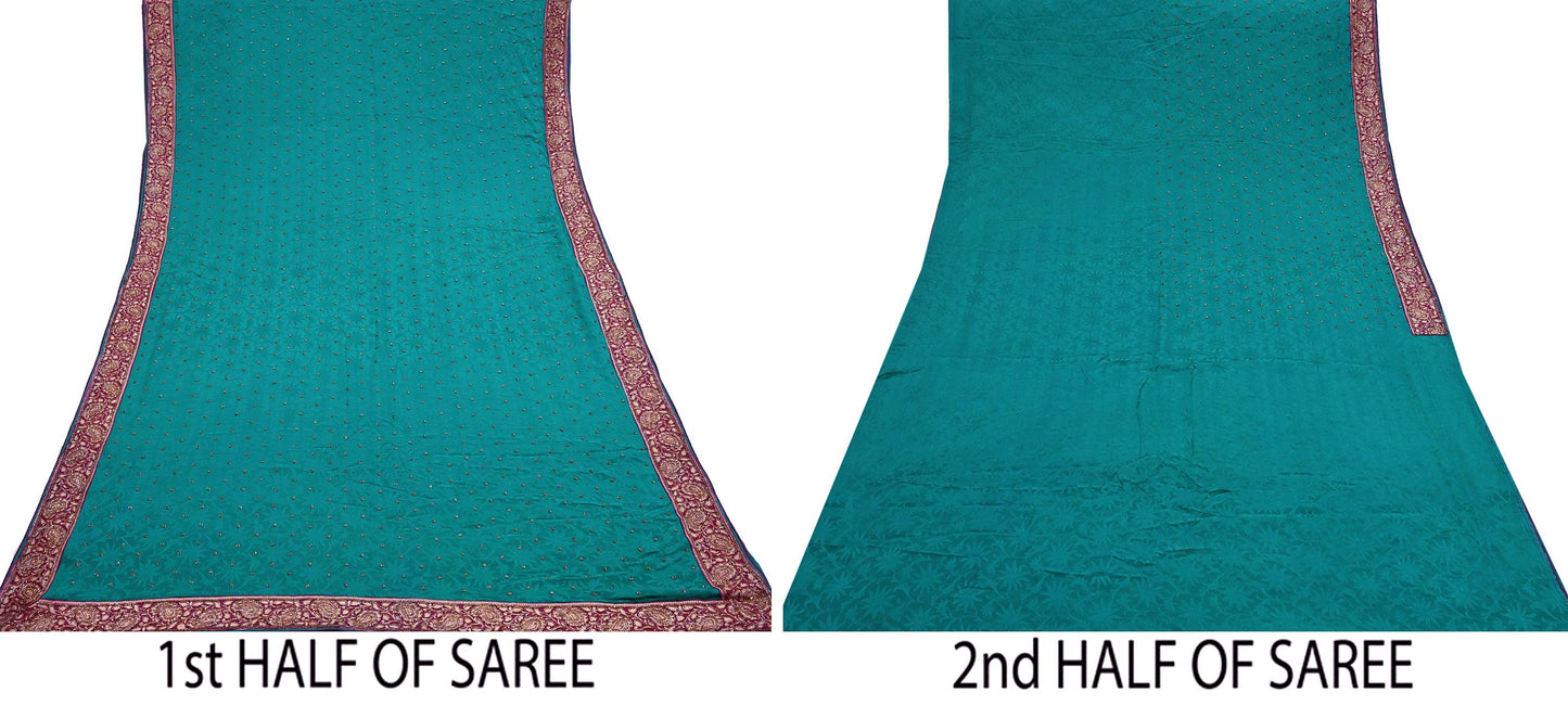 Indian Vintage Heavy Sari Green Pure Crepe Silk Hand Embroidered Sarees Craft Fabric 6Yd Sewing Zardozi Dress making
