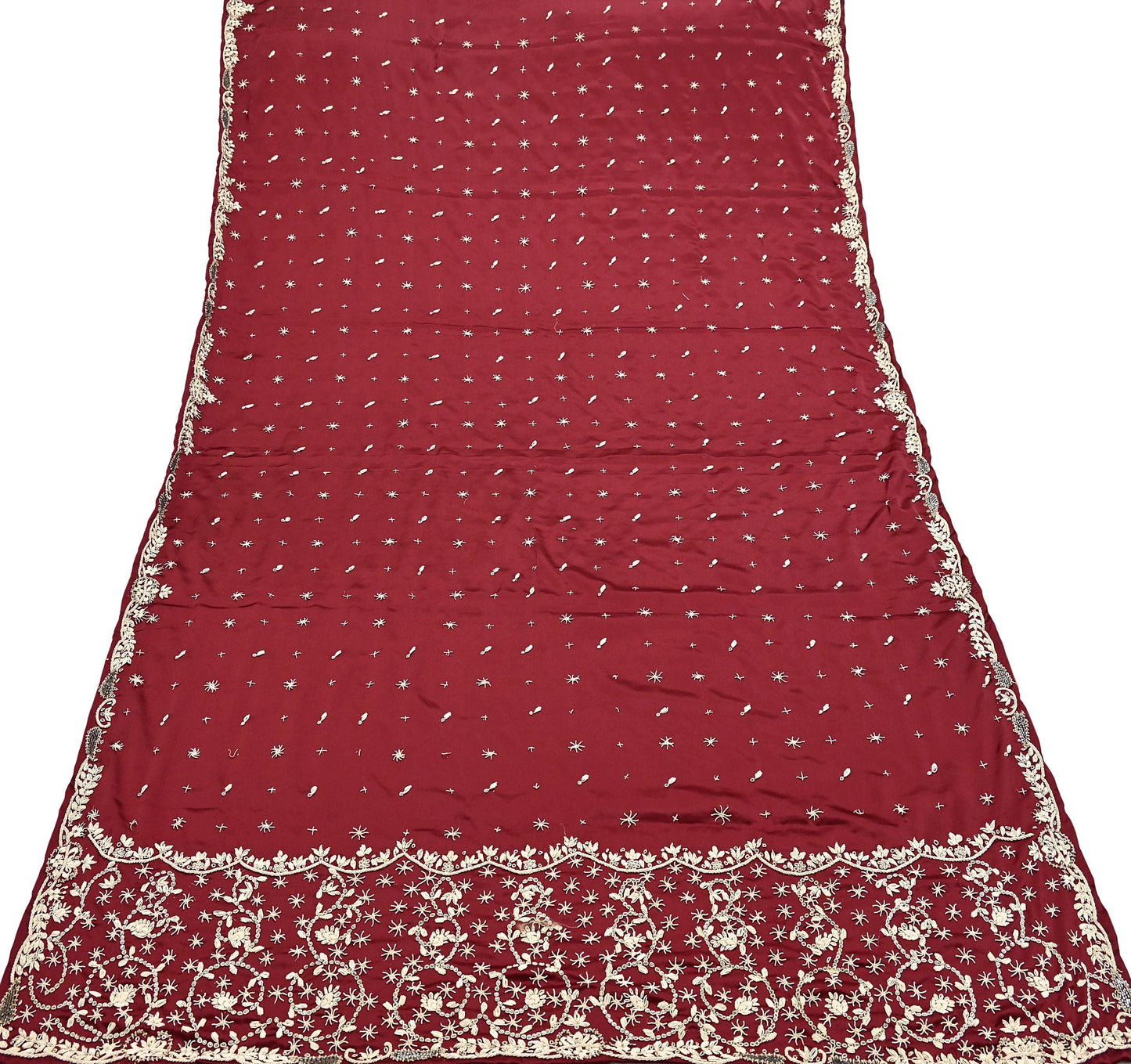 Vintage Maroon Pure Satin Silk Dupatta Hand Embroidered Zardozi Bridal Veil Indian Wedding Heavy Stole Shawl Scarf for Women