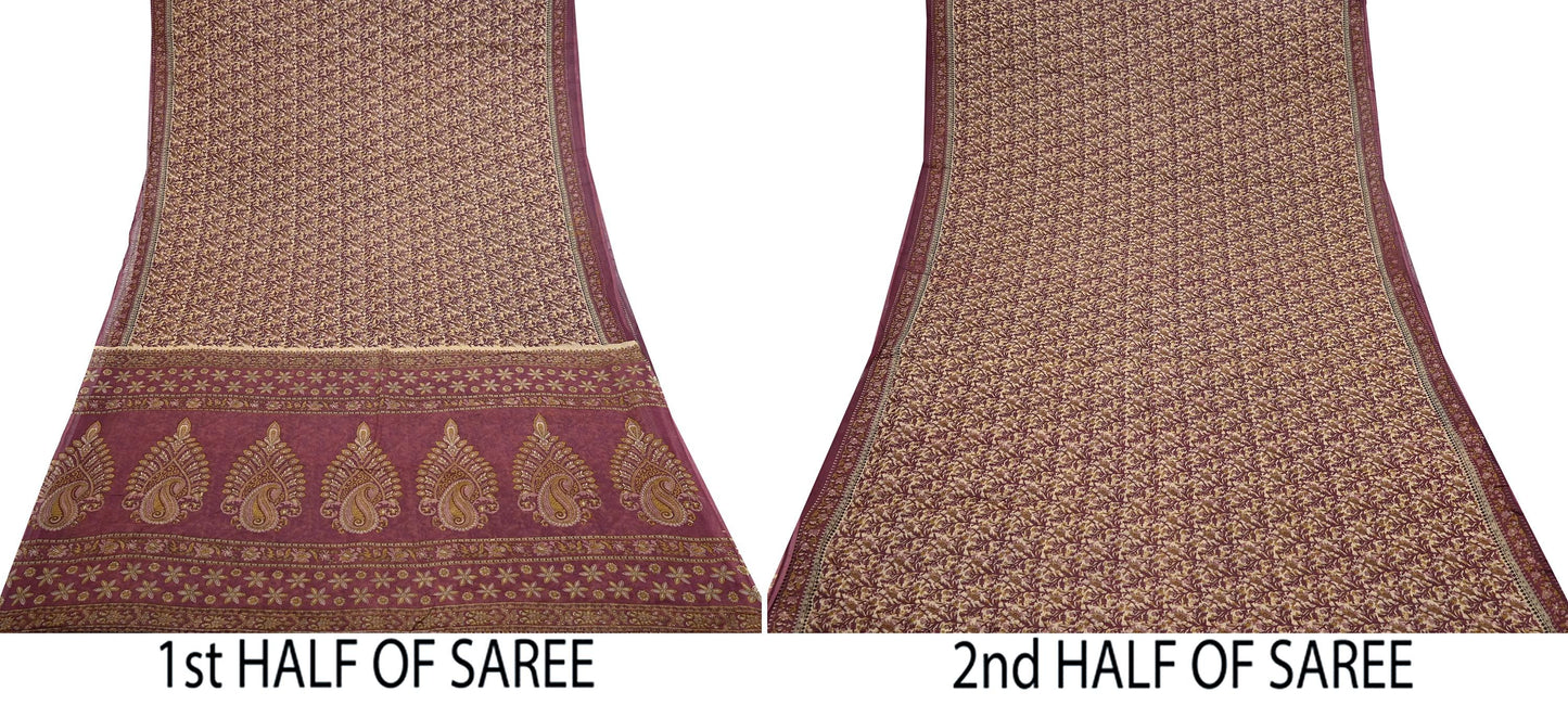 Vintage Maroon Beige Printed Pure Cotton Saree 5 Yard Floral Paisley Fabric Indian Ethnic Textile for Sewing, Dressmaking & Crafts