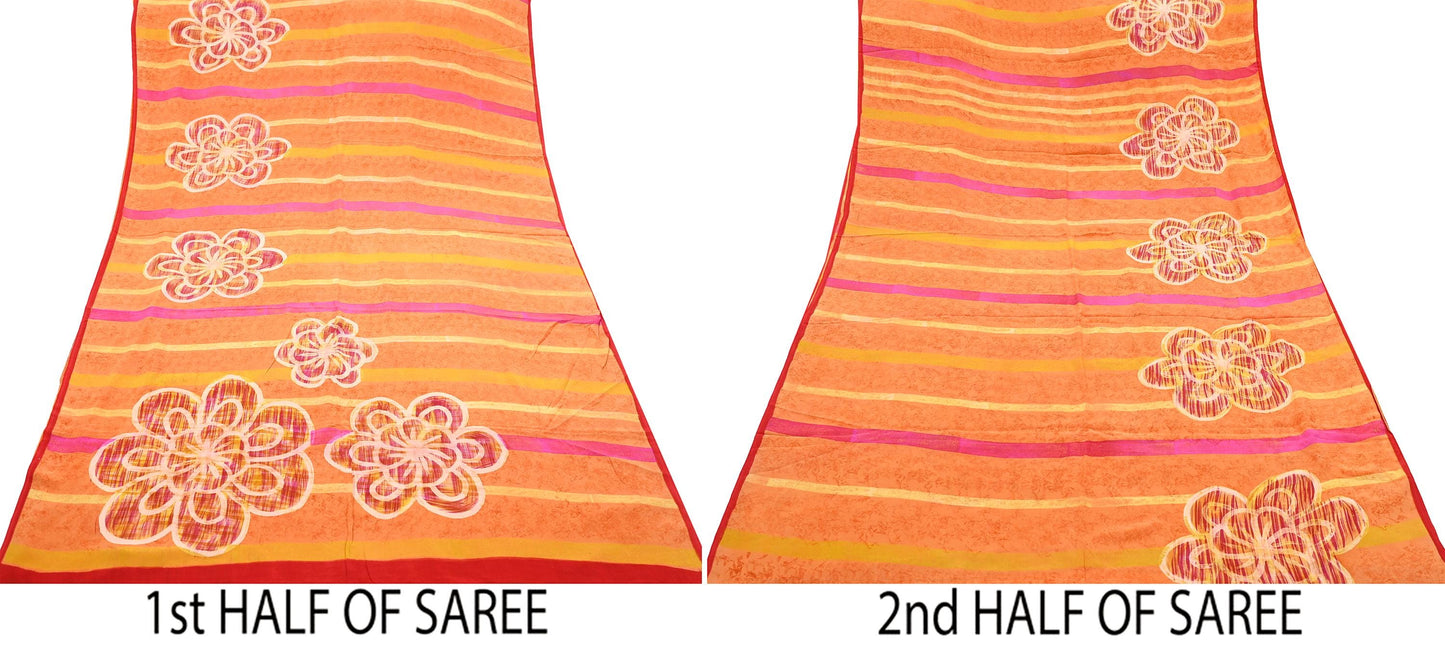 Vintage Yellow Orange Crepe Silk Saree Indian Pure Silk Printed Fabric 5 Yard Soft Sewing Material for Dressmaking, Quilting & Crafts