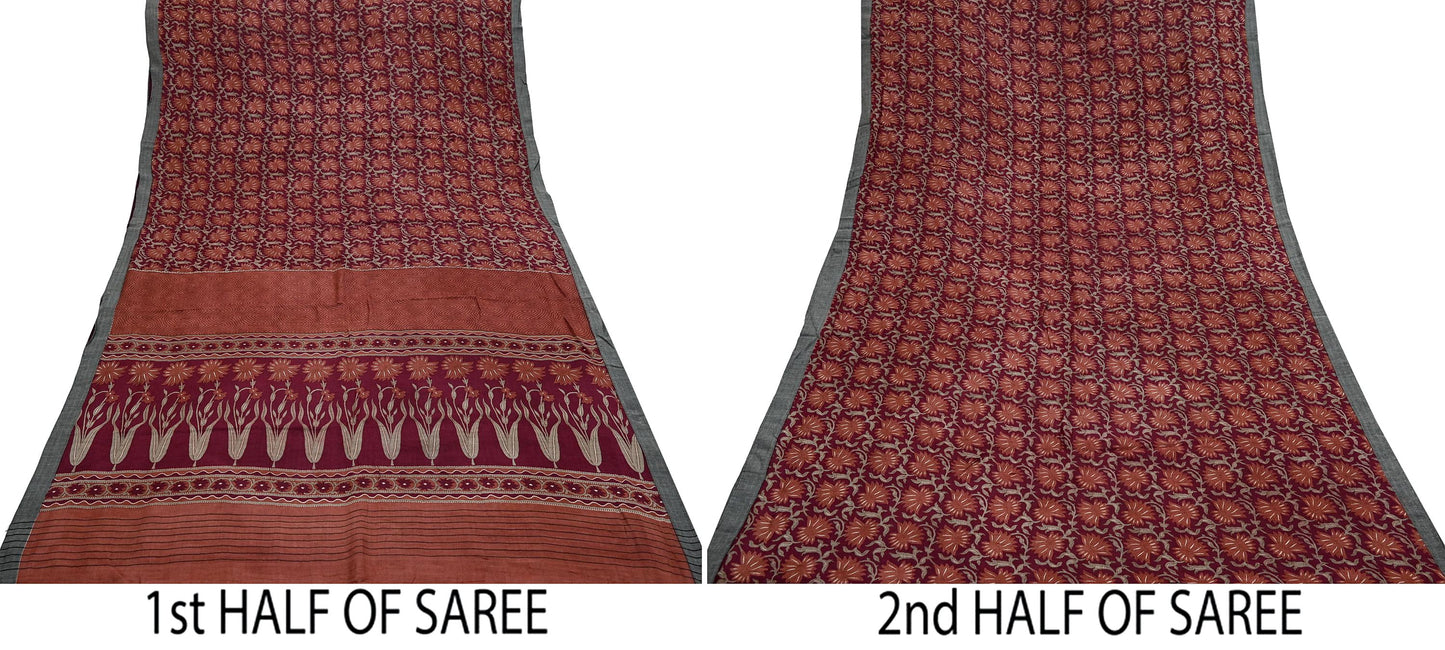 Vintage Maroon Brown Wool Saree Indian Pure Wool Floral Woven Fabric 5 Yard Soft Warm Craft Material for Winter Dressmaking & Sewing