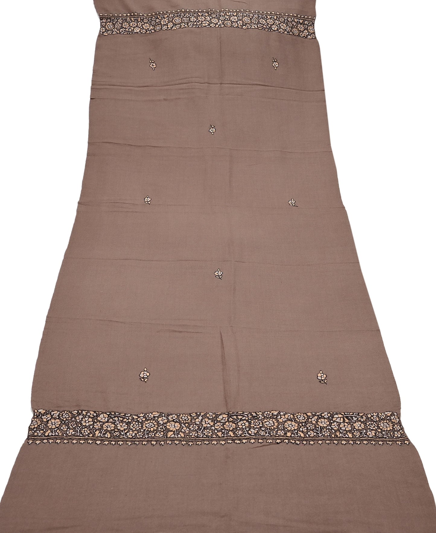 Indian Vintage Brown Shawl Pure Woolen Handmade Suzani Long Throw Stole Warm Floral Design Soft Cozy