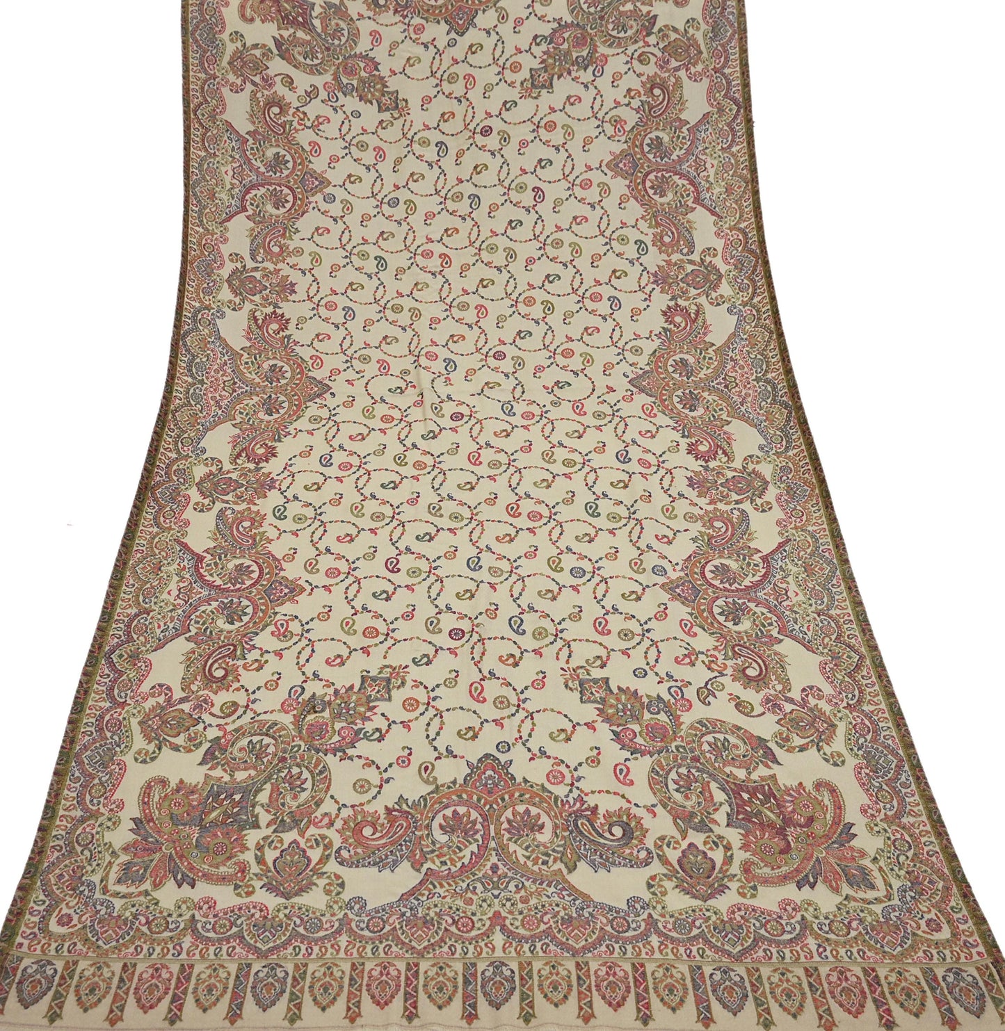 Indian Vintage Beige Pure Woolen Shawl Handmade Woven Work Long Throw Stole Warm Floral Design Soft