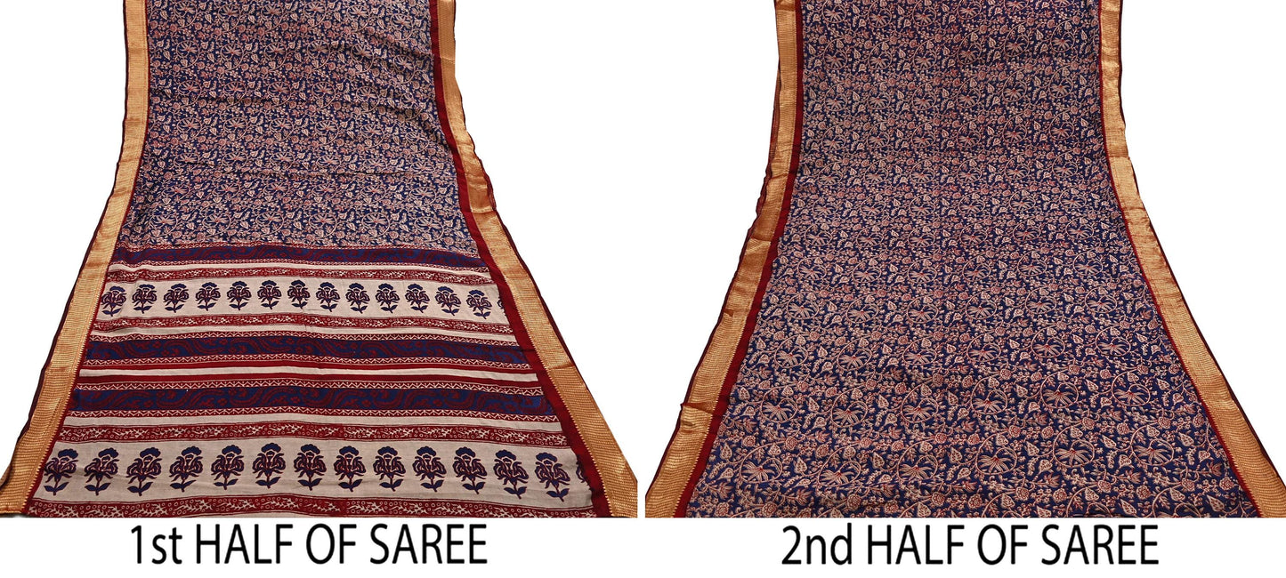 Indian Vintage Sari Blue chanderi Silk Bagru Printed Saree 5Yd Fabric Floral Soft Zari Border Ethnic Upcycle Crafting Dress making