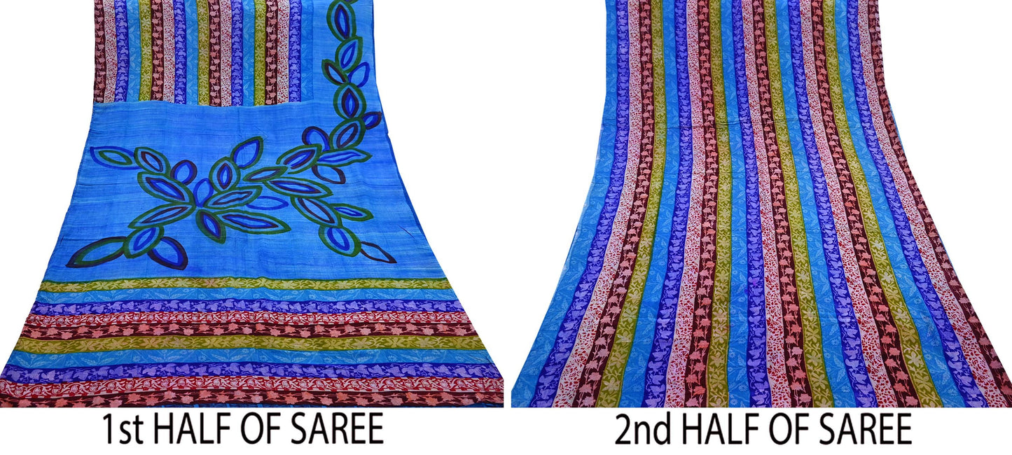 Vintage Blue Crepe Silk Saree Pure Silk Printed Floral Fabric 5Yds Indian Sewing, Quilting, Dressmaking & Christmas Craft Material