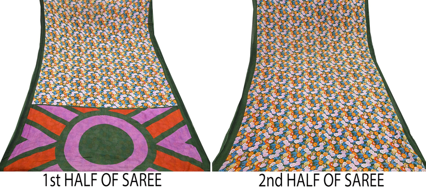 Indian Vintage Sari Green Pure Cotton Printed Sarees Craft Fabric Soft 5Yd Sarong Wrap Boho Fabric Kimono Quilting Crafting Upcycle