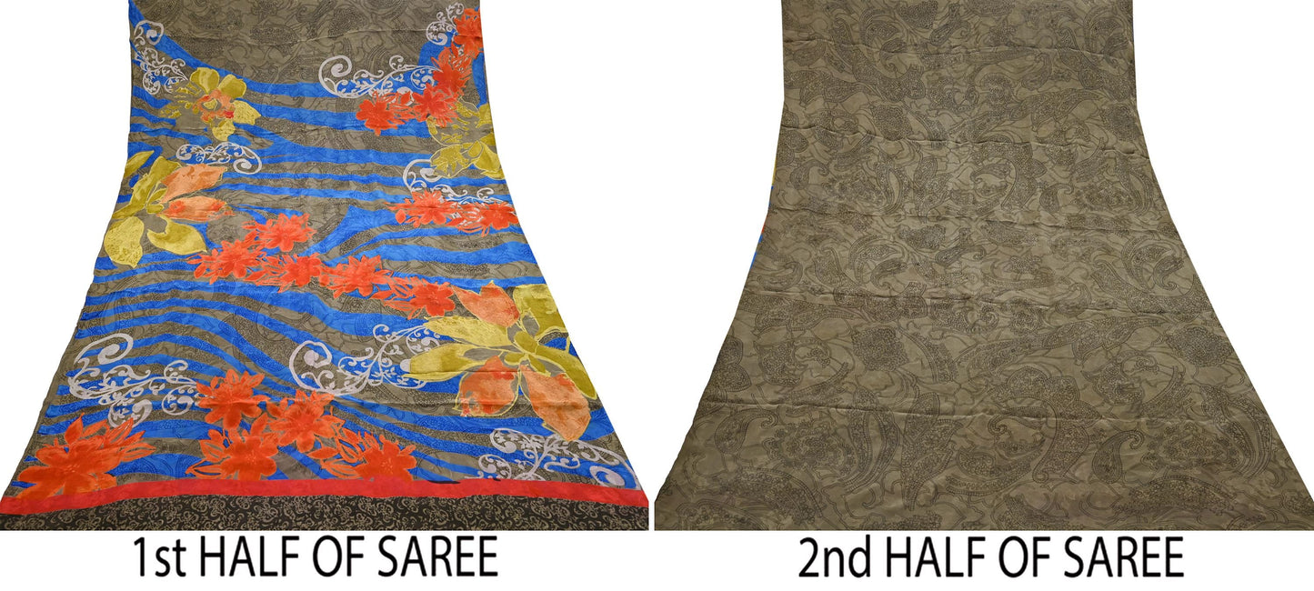 Indian Vintage Green & Multi Pure Crepe Silk Saree Floral Print 5 Yards Soft Sewing Fabric for Dressmaking, Quilting, Crafting Upcycling