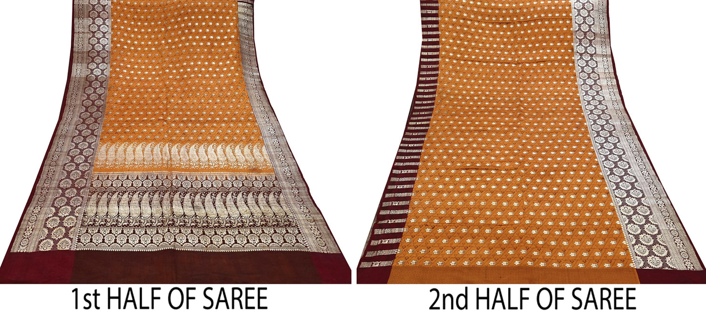 Indian Vintage Sari Brown & Mustard Heavy Pure Satin Silk Woven Banarasi Tanchoi Saree 5Yd Ethnic Craft Fabric Upcycle Bridal Heavy Sarees