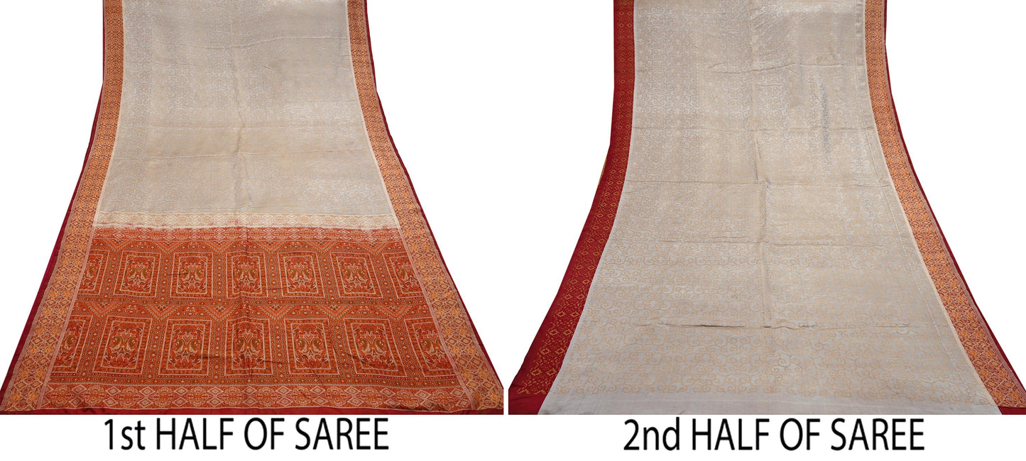 Vintage Gray & Maroon Banarasi Silk Saree Pure Satin Silk Handwoven Tanchoi Fabric with Paisley Weave 5 Yard Dressmaking Craft Material