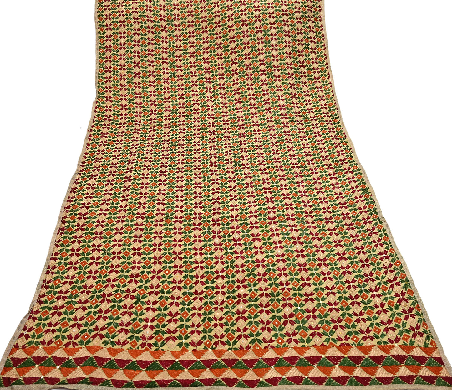 Indian Vintage Beige Heavy Wedding Dupatta Long Stole Crepe Silk Hand Embroidered Bagh Phulkari Stole Scarves
