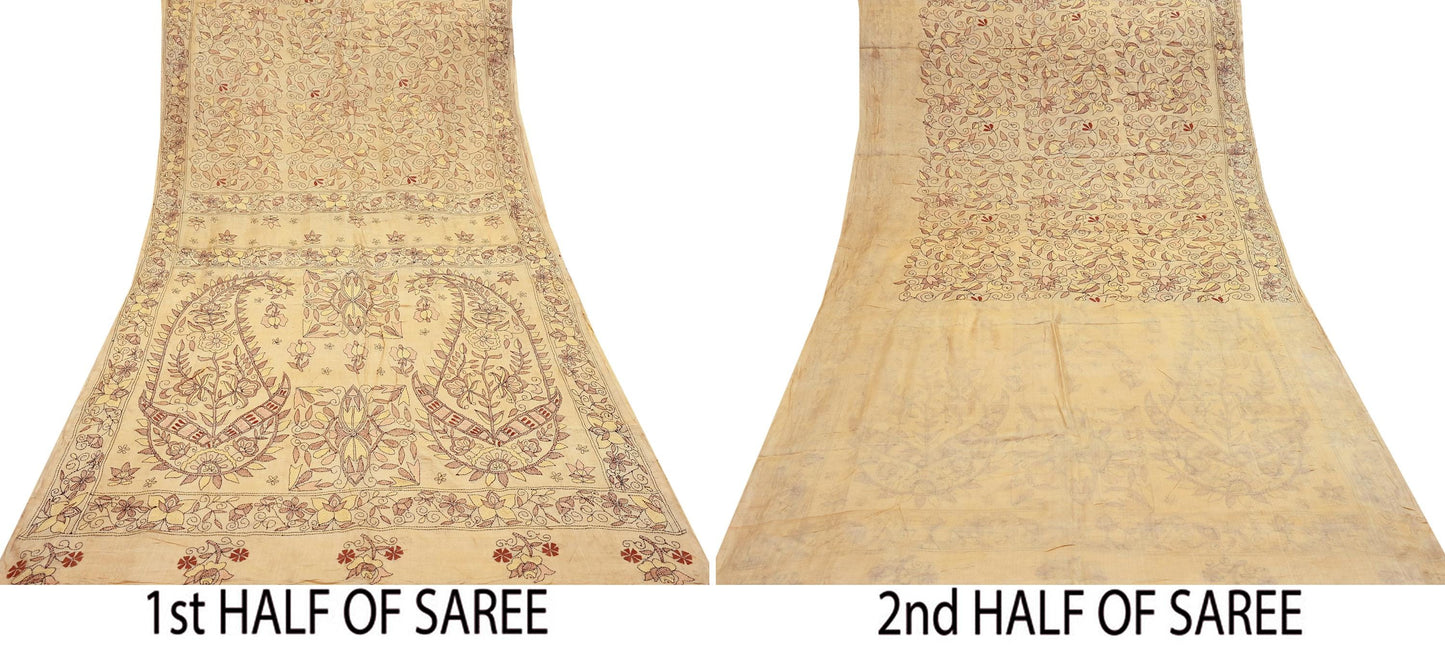 Indian Vintage Beige & Green Saree 100% Pure Silk Hand Embroidered Kantha Sari Fabric 5Yd Sewing Floral Sequin