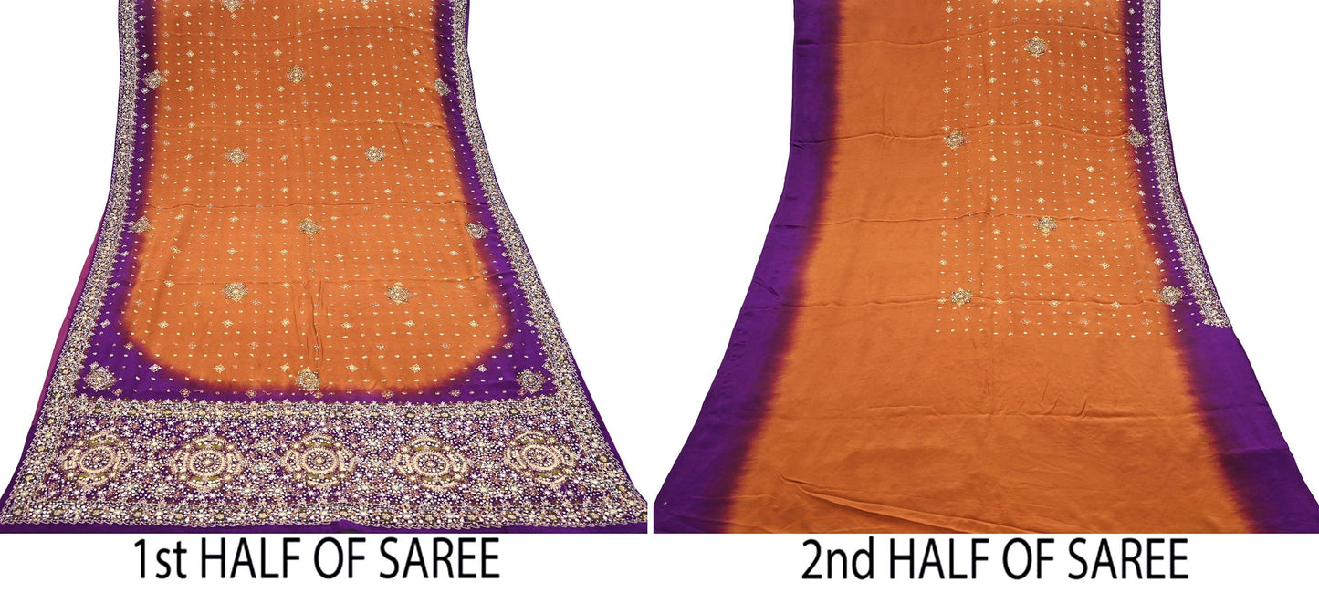 Indian Vintage Sari Purple & Mustard Pure Crepe Silk Hand Embroidered Sarees 6yd Sewing Floral Craft Sequins Dress making Crafting Quilting