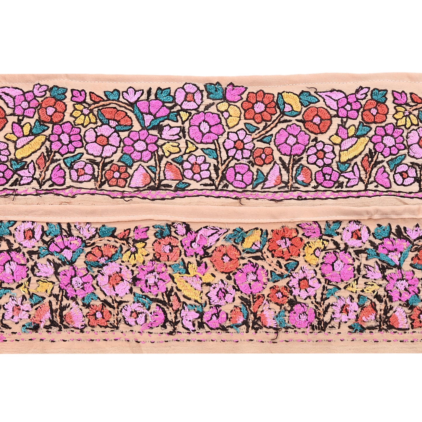 Vintage Kashmiri Aari Silk Border Peach Satin Hand Embroidered Floral Trim Chain Stitch Lace Ribbon Sewing Craft Supply