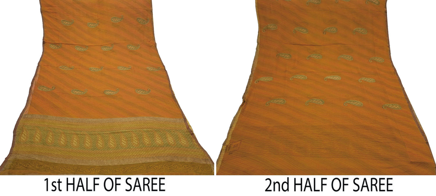 Women Vintage Sari Saffron Pure Georgette Silk Printed Saree Craft Fabric Sewing 6Yard Soft Light Dress Making Floral Zari