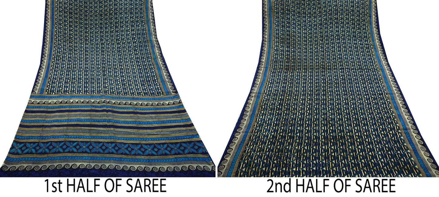 Indian Vintage Sari Green & Blue Pure Crepe Silk Printed Saree 5yard Sewing Quilting Geometric Soft Craft Fabric Wrap