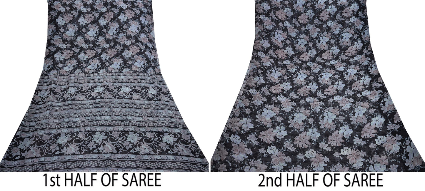 Vintage Saree Black Pure Chiffon Silk Printed Sari Craft Fabric Sewing 5Yard Soft