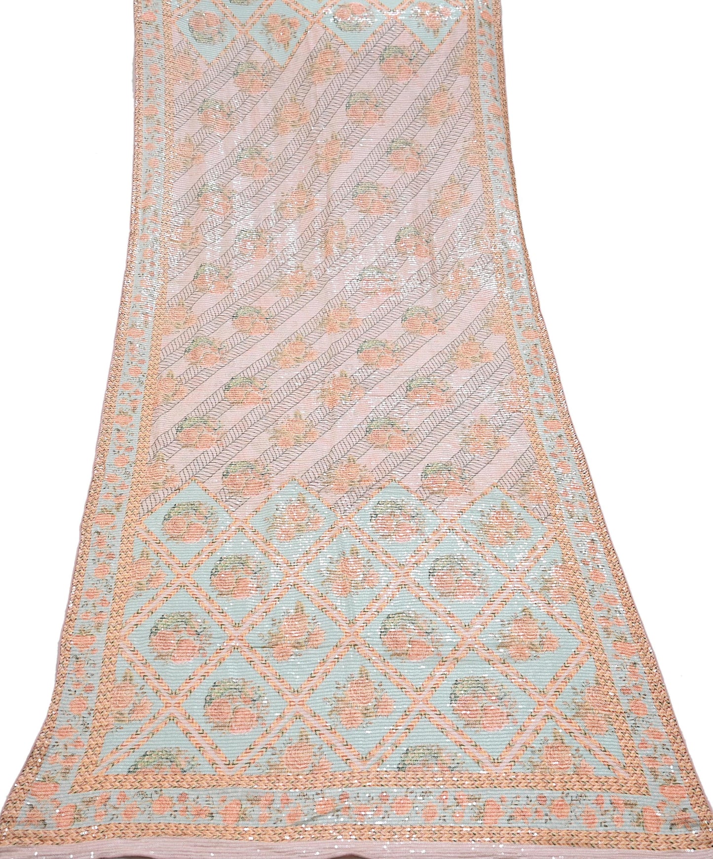 Indian Gray & Pink Vintage Dupatta Long Stole Hand Beaded Printed Pure Georgette Silk Indian Scarves Veil Wrap Soft Floral