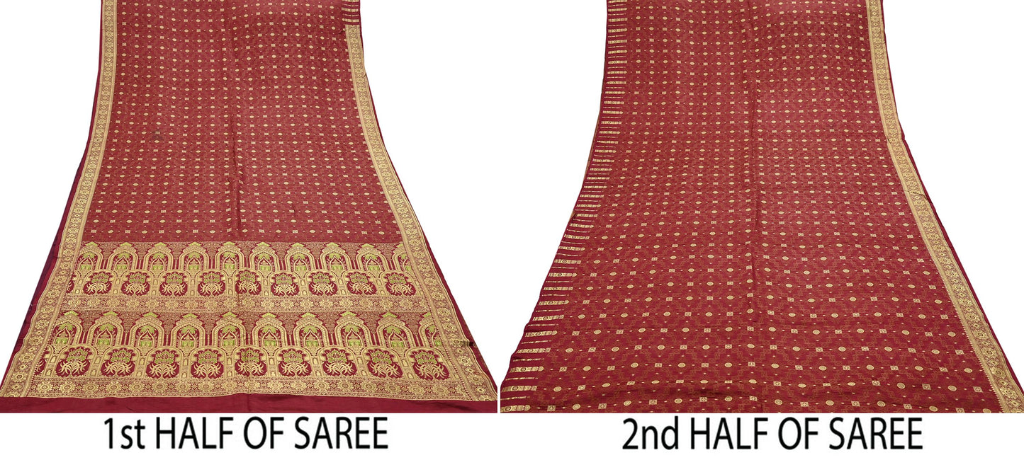 Vintage Maroon Banarasi Silk Saree Pure Satin Silk Handwoven Tanchoi Fabric with Floral Weave 5 Yard Dressmaking Craft Material