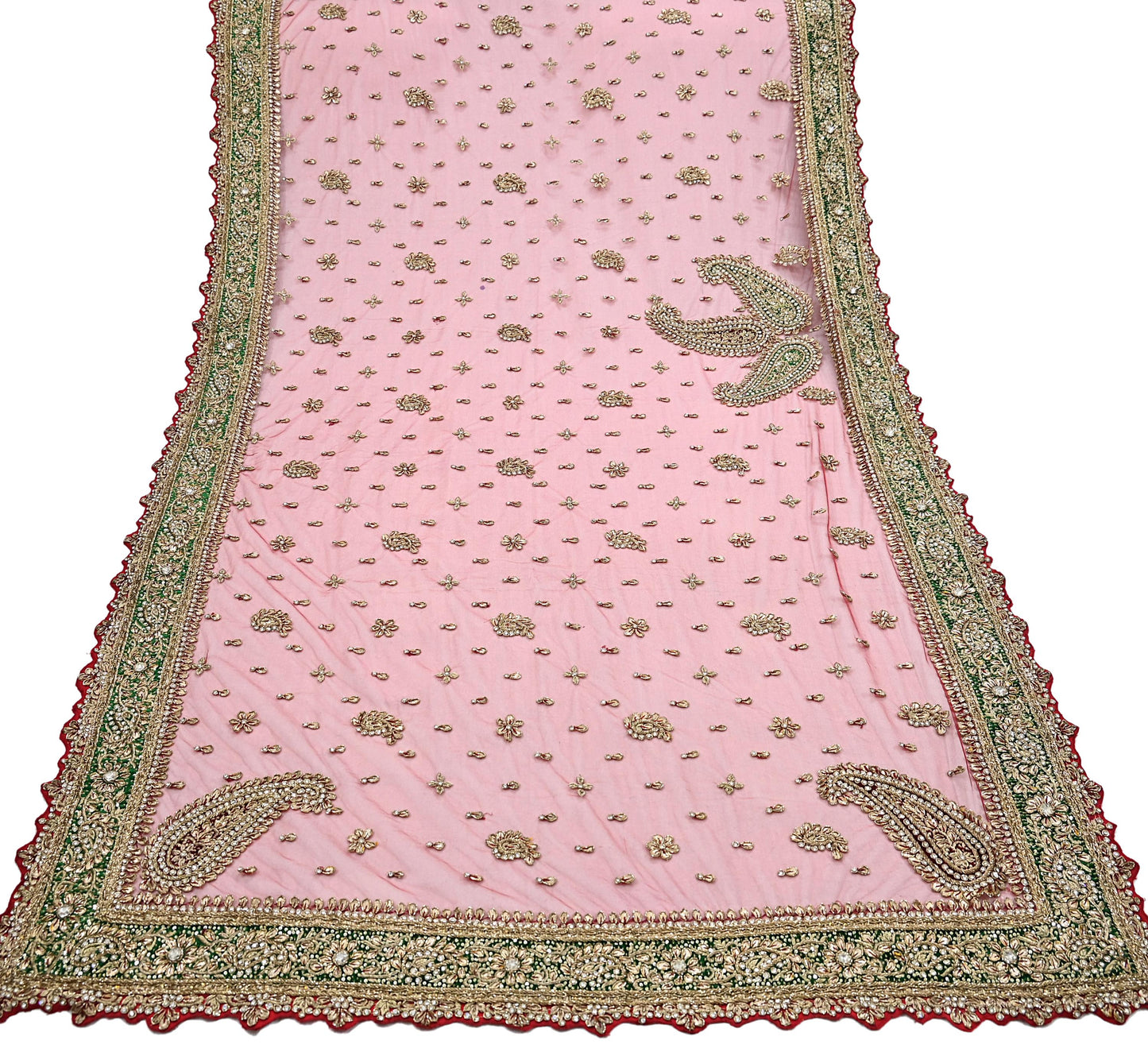 Indian Vintage Heavy Bridal Dupatta Red Net Mesh Long Stole Hand Embroidered Scarves Golden Zardozi Dabka Zari Hijab Wedding/ Party Veil