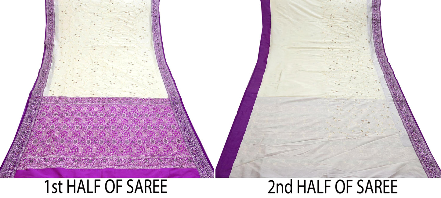Indian Vintage Sari Purple & White Artificial Silk Hand Embroidered Sarees Craft Fabric 5Yd Sewing Soft Sequins Upcycle Dress Making