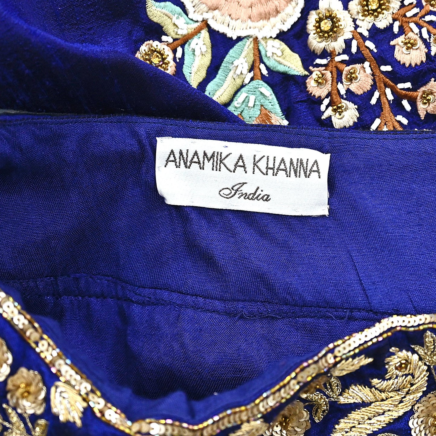 Anamika Khanna Deep Blue Raw Silk Skirt Heavy Hand Embroidered Bridal Lehenga Bottom Designer Wedding Couture Outfit