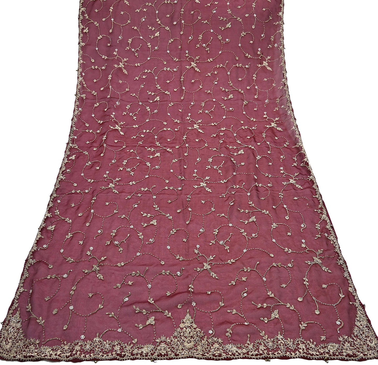 Indian Vintage Heavy Maroon Dupatta Net Mesh Long Stole Hand Embroidered Scarf Zardozi Zari Sequins Stole Bridal Veil