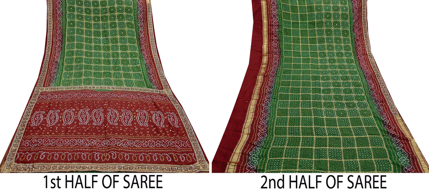 Indian Vintage Red & Green Saree Hand Embroidered Bandhani Printed Sari 100% Pure Silk Fabric 5yard Soft Craft Fabric Beaded