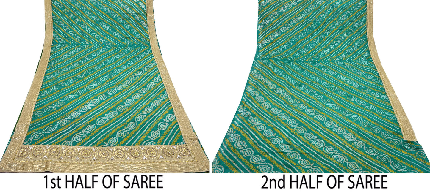 Indian Vintage Green Saree Hand Embroidered Bandhani Printed Sari 100% Pure Silk 5yard Soft Craft Fabric Beaded