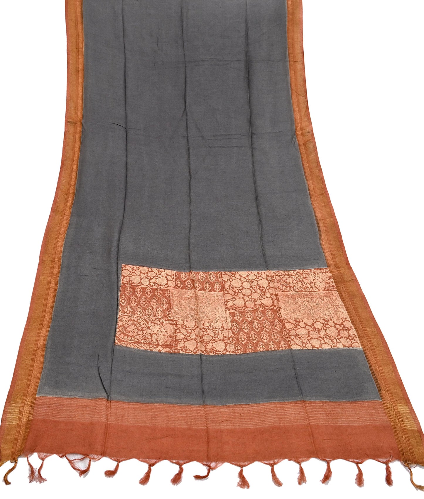 Indian Vintage Gray Dupatta Long Stole 100% Pure Chanderi Silk Handloom warli Print Scarves Veil Scarf Wrap Hippie Fringes
