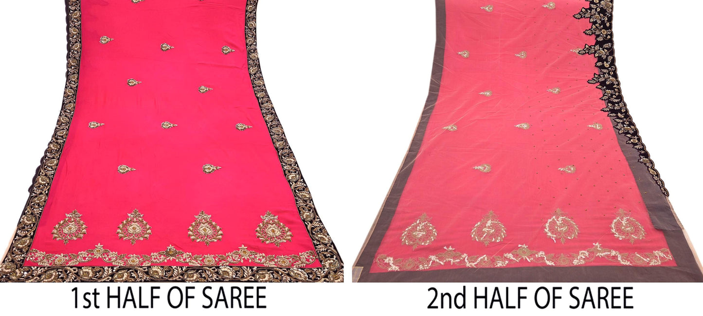 Pre-Owned Sari Peach Pink Net & Pure Georgette silk Hand Embroidered Designer Manish Malhotra Sarees Ethnic Zardozi/Dabka Zari Wedding Saree