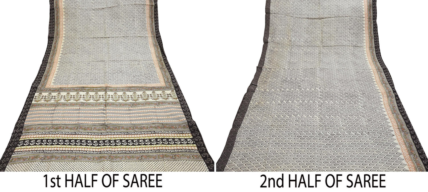 Indian Vintage Black & Ivory Saree Pure Woolen Woven Printed Sari Warm Craft Fabric 5Yd Woven Border Dress making Crafting Designing