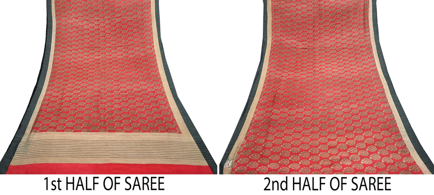 Vintage Red Beige Wool Saree Indian Pure Woolen Woven Floral Fabric 5 Yard Soft Warm Craft Material for Winter Sewing & Dressmaking