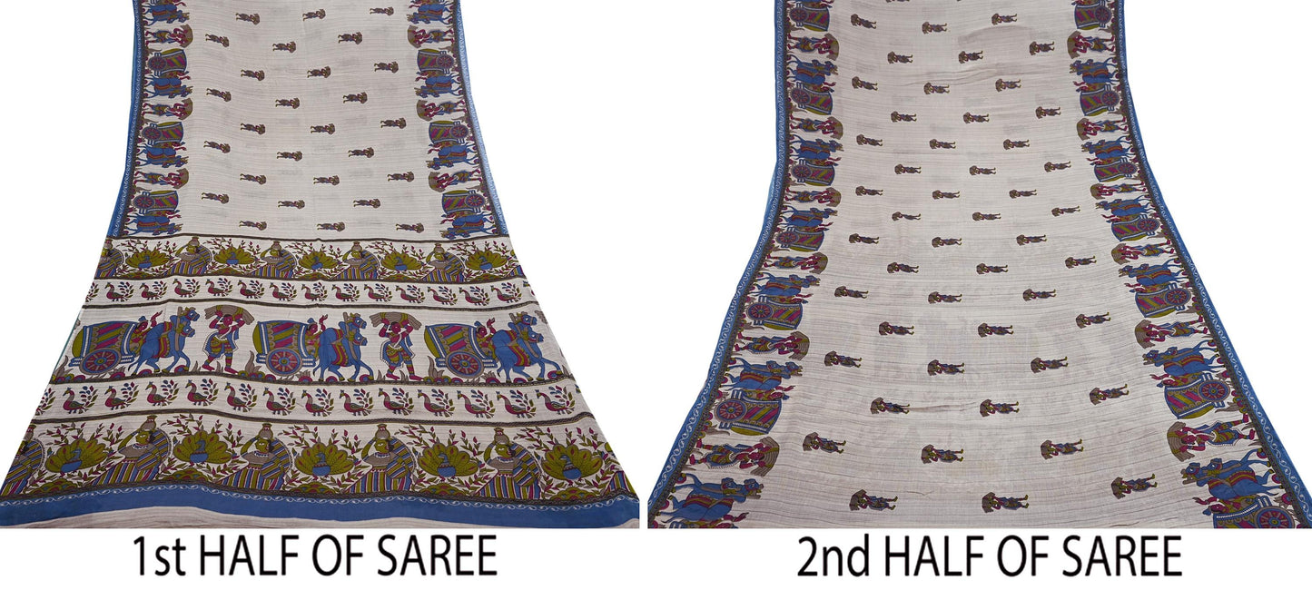 Indian Vintage Sari Kalamkari Printed Pure Cotton Saree Fabric Soft Floral 5Yd Sarong Wrap Fabric Peacock