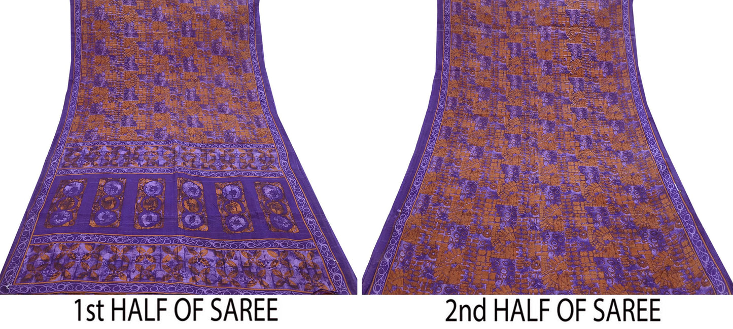 Vintage purple & Mustard saree pure cotton printed sari 5yard fabric wesing sarong crafting