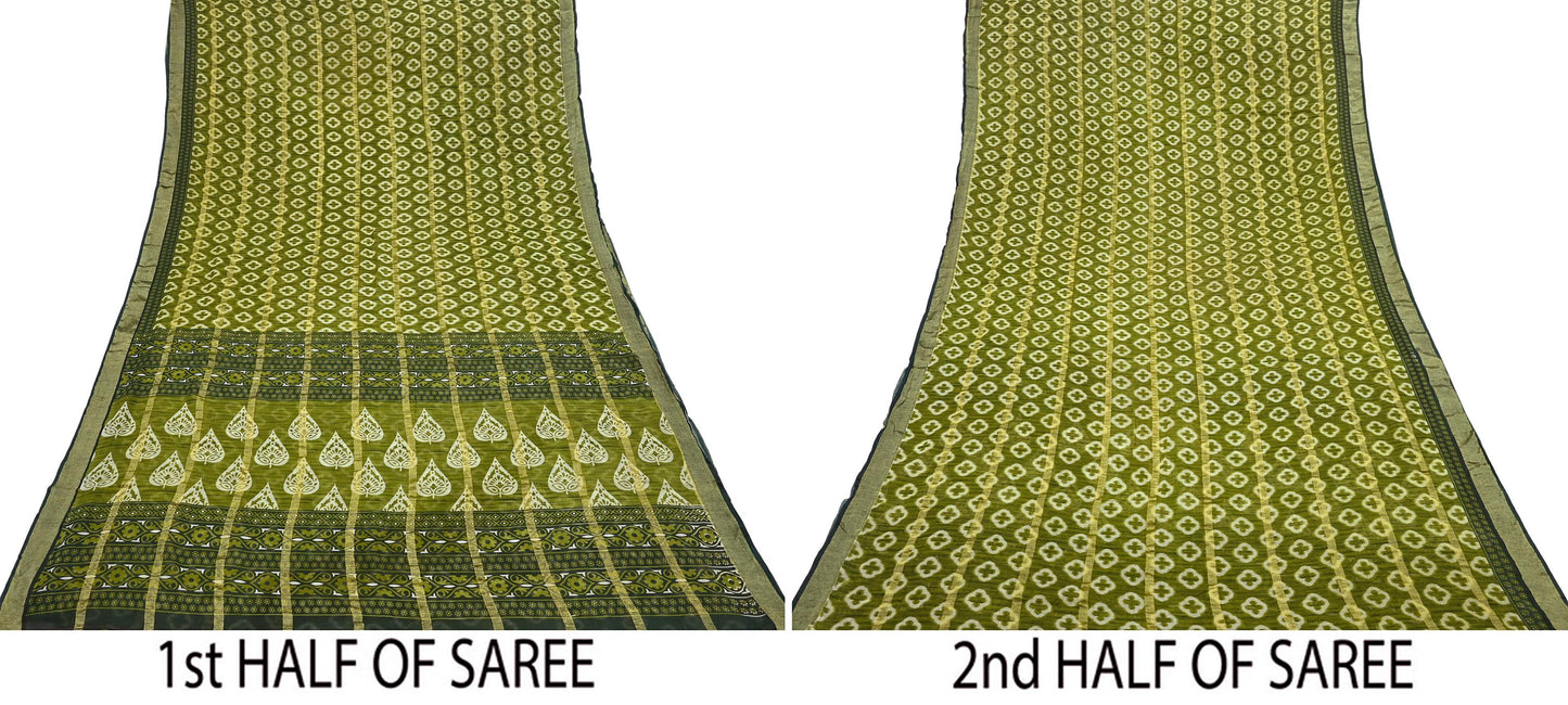 Indian Vintage Green Saree Pure Cotton Printed Woven Sari Craft Soft Fabric 5Yd Sewing Sarong Wrap Boho Abstract Design