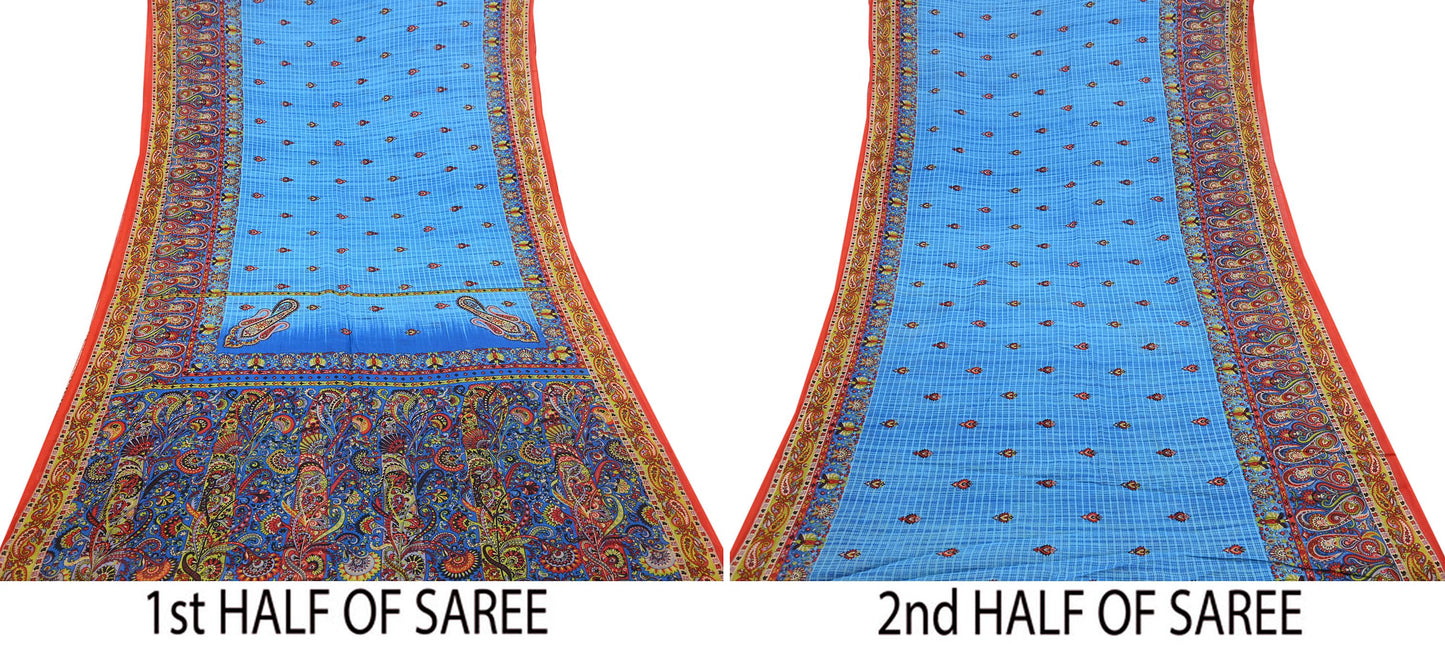 Indian Vintage Sari Blue Printed 100% Pure Cotton Sarees Craft Fabric 5Yd Sewing Sarong Wrap Boho Floral Quilting Crafting