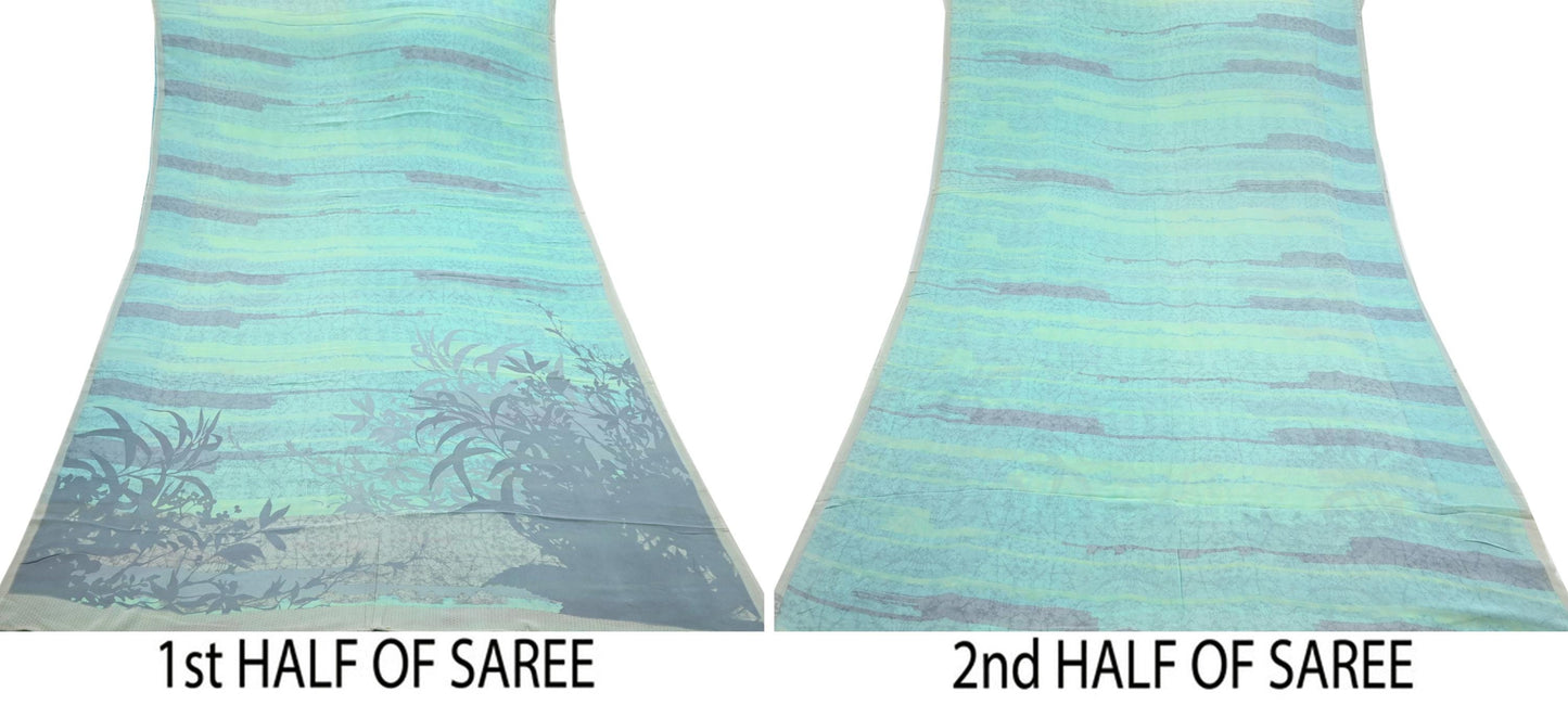 Indian Women Vintage Sari Gray & Green 100% Pure Georgette Silk Printed Saree Sewing 5yard Soft Craft Floral Design Wrap Boho