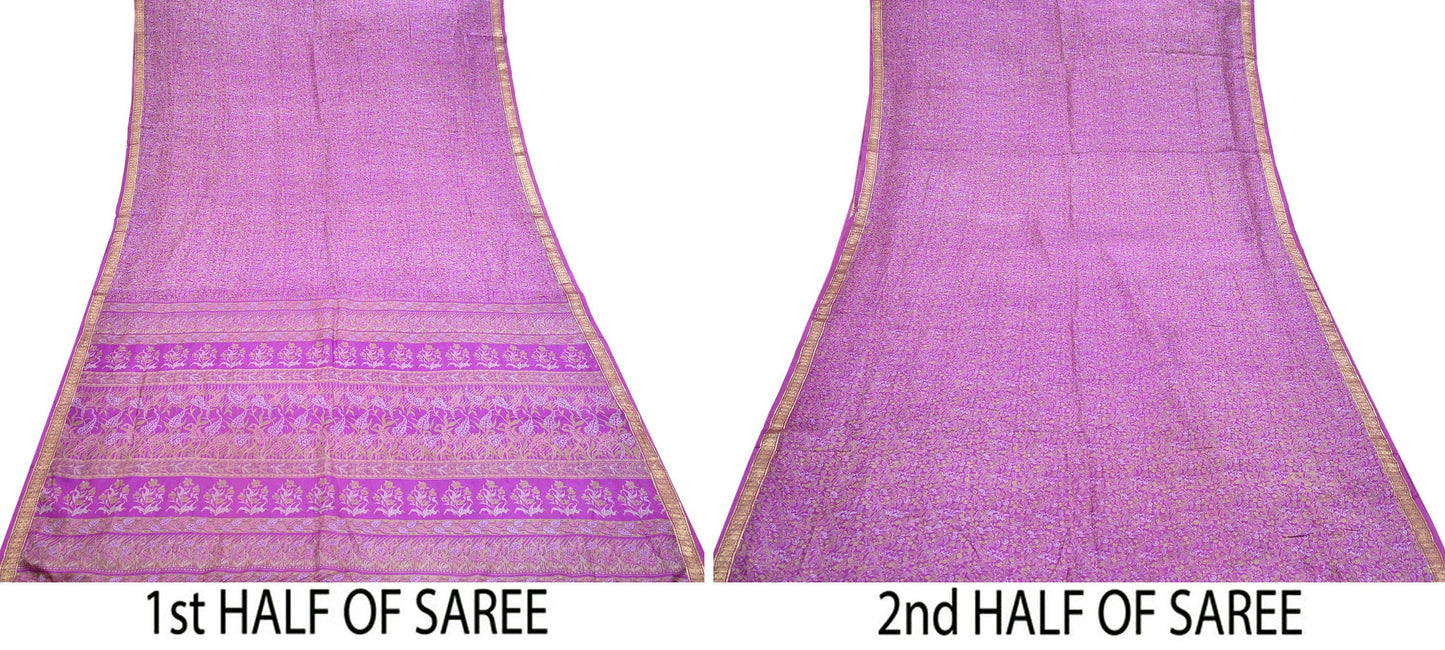 Vintage Purple Pure Silk Saree Indian Printed Silk Fabric 5 Yards Boho Craft Material for Sewing, Quilting, Dressmaking, Upcycling