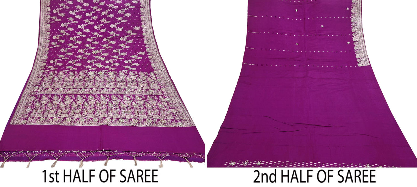 Indian Vintage PInk & Green Heavy Wedding Saree Pure Satin Silk Hand Embroidered Banarsi Brocade Sari Zari/Zardozi/Dabka 5Yd Dressmaking