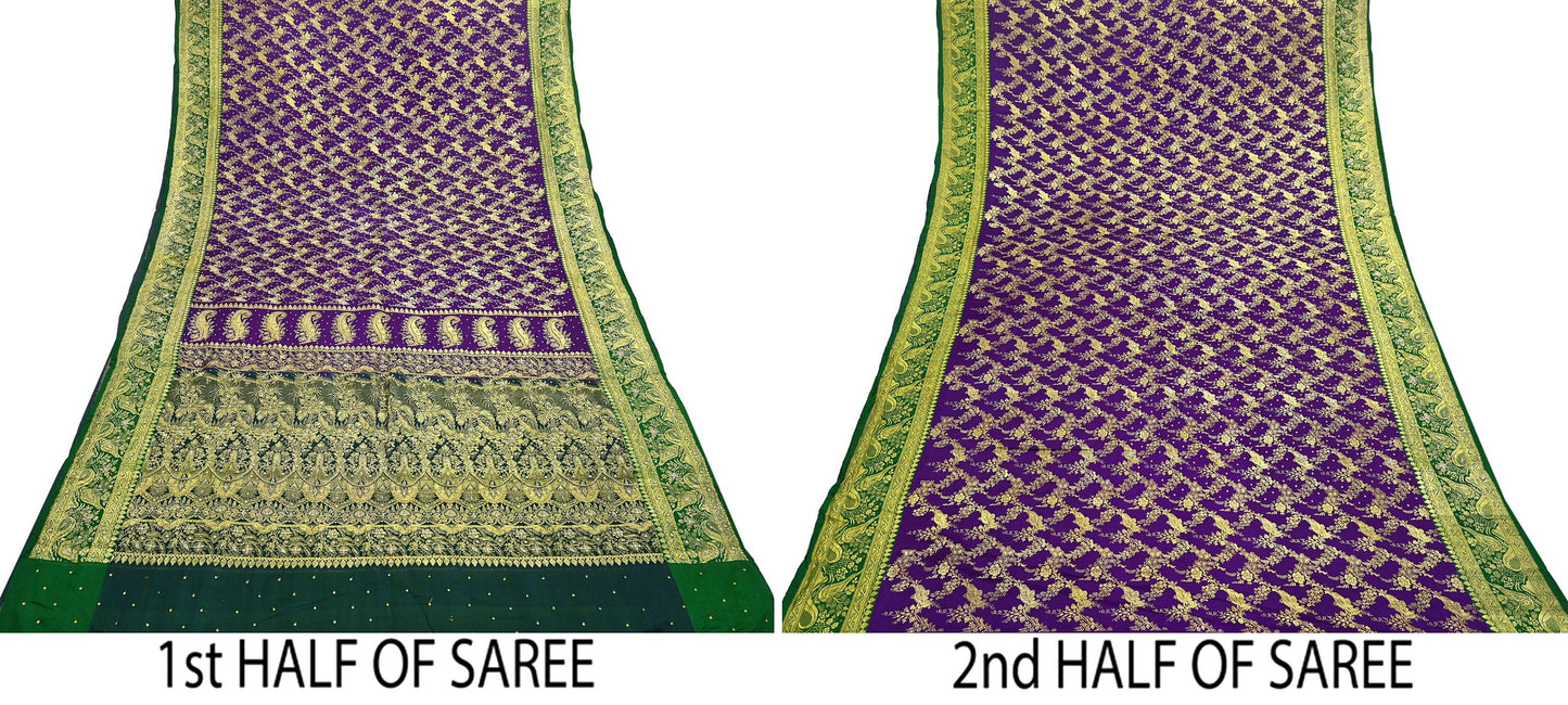 Indian Vintage Purple & Green Heavy Wedding Saree Pure Satin Silk Hand Embroidered Banarsi Brocade Sari Zari/Zardozi/Dabka 5Yd Dressmaking
