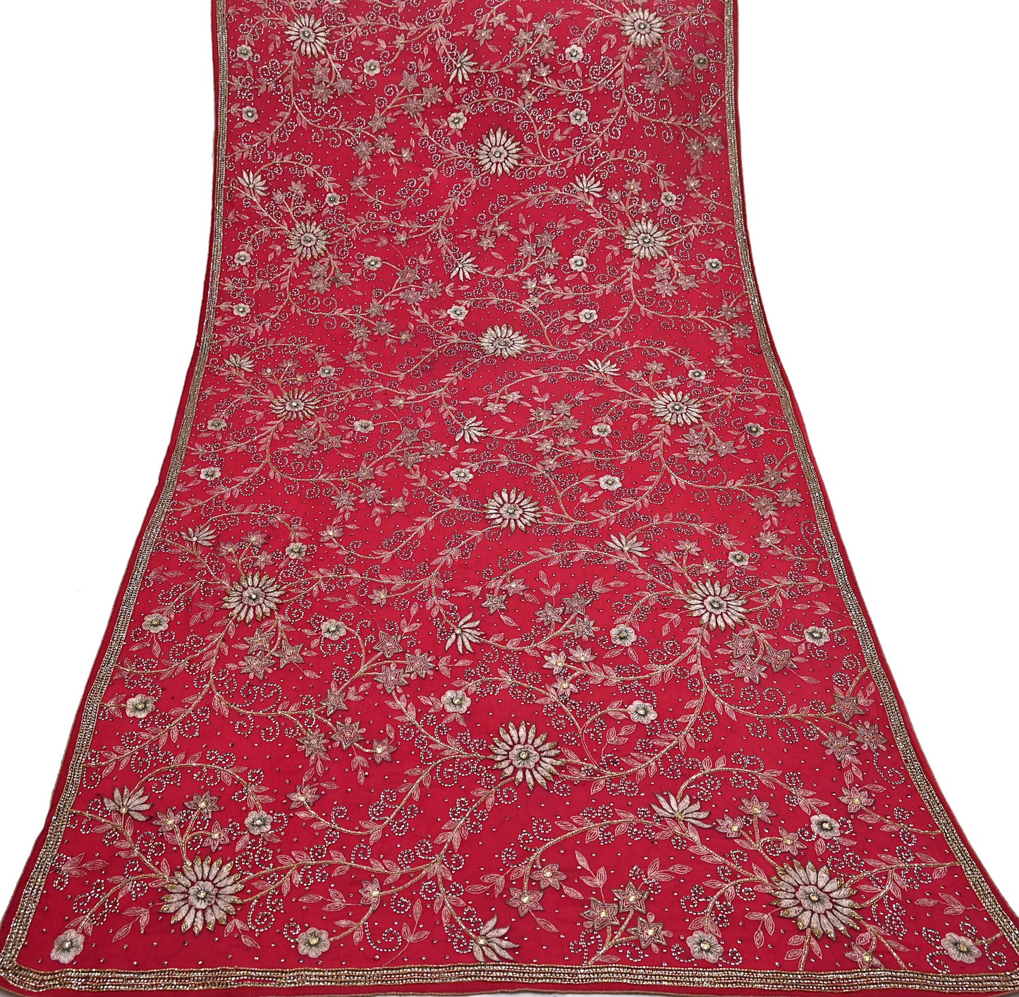 Indian Vintage Red Dupatta Pure Chiffon silk Long Stole Hand Embroidered Scarves Floral Design Stole Veil Wrap Zari Zardozi