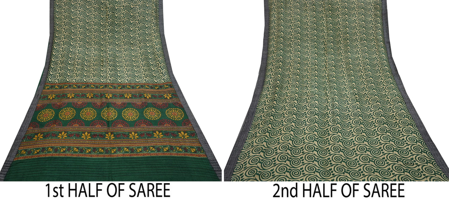 Vintage Beige Green Wool Saree Indian Pure Wool Floral Woven Fabric 6 Yard Soft Warm Craft Material for Winter Dressmaking & Sewing