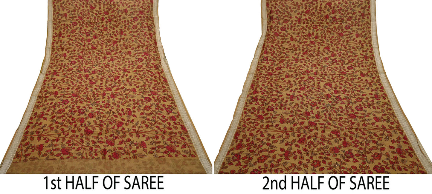 Indian Vintage Sari Pure chanderi Silk Kalamkari Print Saree Craft Fabric 5Yd Soft Zari Border Dress making bollywood Crafting mukesh
