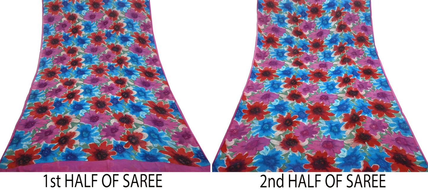 Women Vintage Sari multi Pure Georgette Silk Printed Saree Craft Fabric Sewing 6Yard Soft Light Dress Making Floral