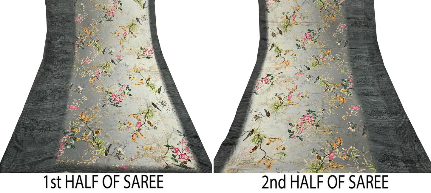 Women Vintage Sari gray & ivory Pure Georgette Silk Digital Printed Saree Craft Fabric Sewing 5Yd Light Dress Making Geometric Crafting