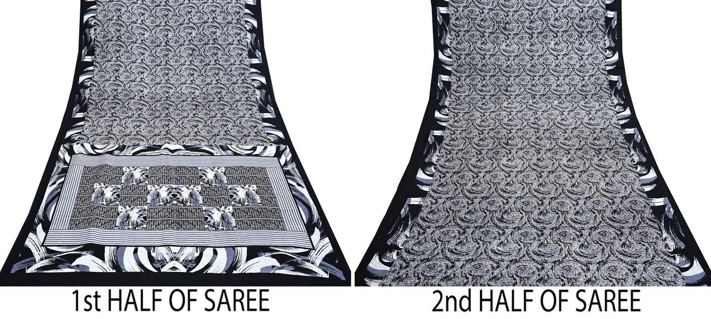 Vintage white black Pure Silk Saree Indian Printed Floral Silk Fabric 5 Yard Soft Sewing Material for Dressmaking, Quilting Crafts